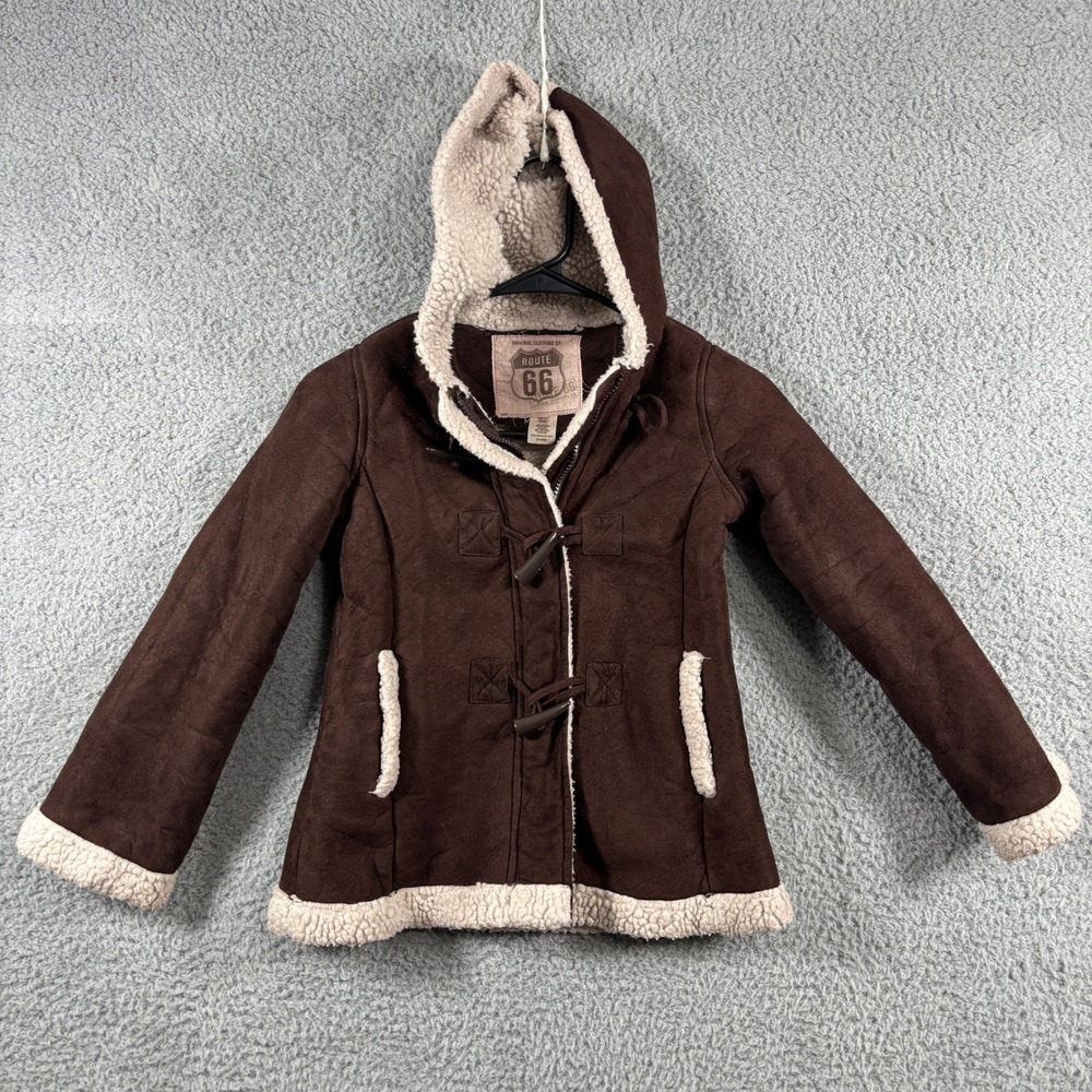 Brown Faux Suede Sherpa‎ Lined Hooded Toggle Jacket Size 6/6X Route 66 Kids